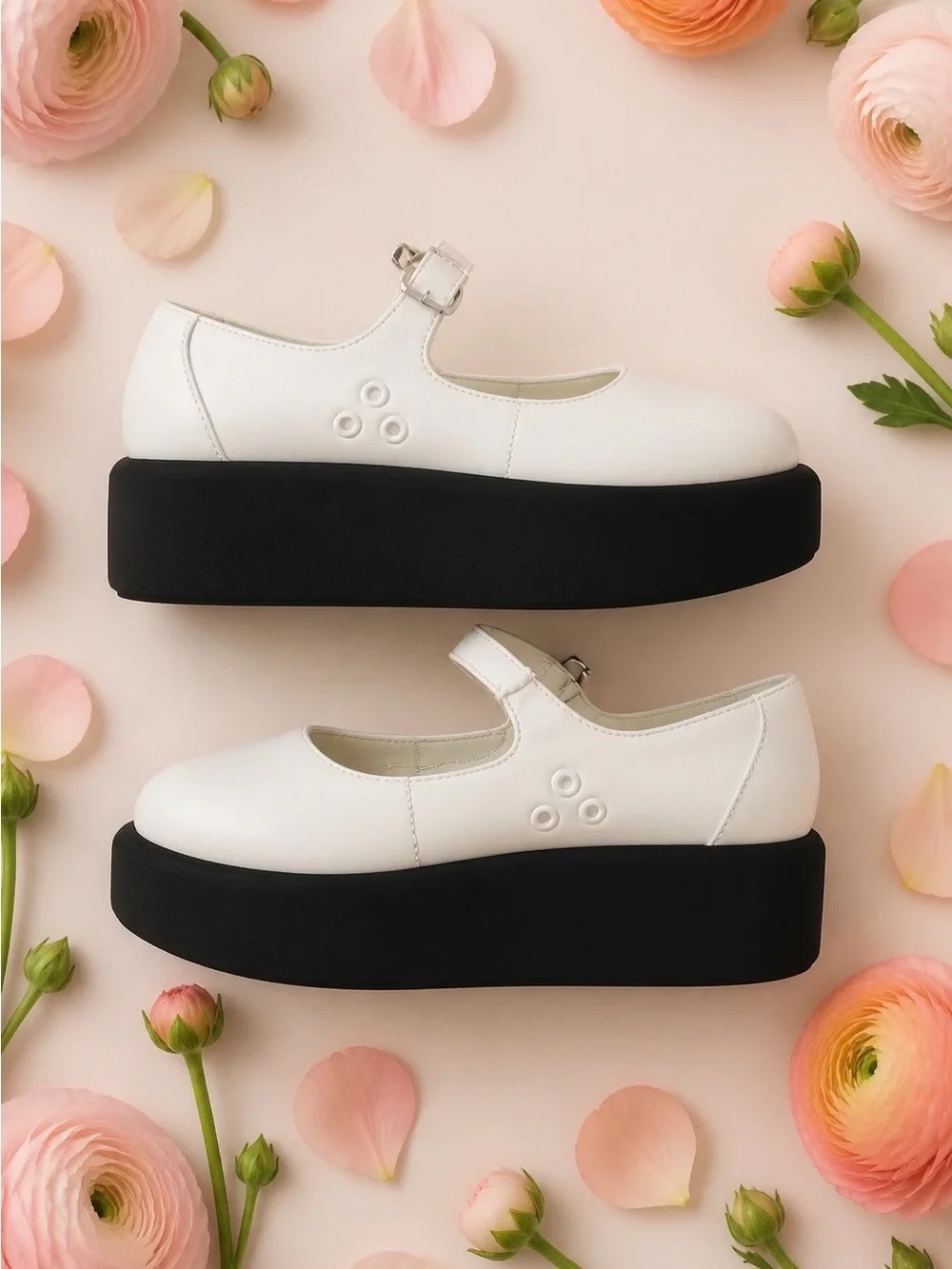 White Leather Mary Jane Platform Shoes w/Eyelet Design & Classic Strap 7.5 (38)